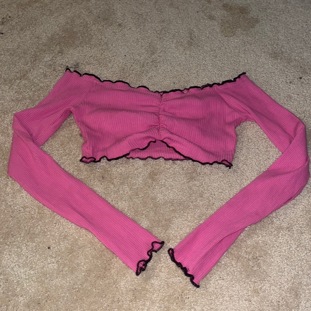 Pink, long sleeve, off the shoulder, crop top from SHEIN